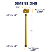 Dimensions Straight Shower Arm Brushed Gold / 12 Inch - The Shower Head Store