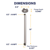 Dimensions Straight Shower Arm Brushed Nickel / 12 Inch - The Shower Head Store