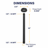 Dimensions Straight Shower Arm Matte Black / 12 Inch - The Shower Head Store
