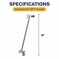 Specifications 16 Inch Extra Long Adjustable Shower Arm Extension Pipe Raise or Lower Shower Head Height High Quality Metal Construction Chrome 16 Inch / Chrome - The Shower Head Store