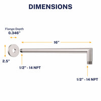Dimensions J-Shaped Overhead Shower Arm Brushed Nickel - The Shower Head Store