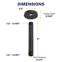 Dimensions Straight Shower Arm Matte Black / 6 Inch - The Shower Head Store