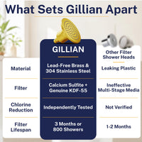 Features Gillian — The METAL Filtered Shower Head Brushed Gold / 2.5 GPM Brushed Gold / 1.75 GPM - The Shower Head Store