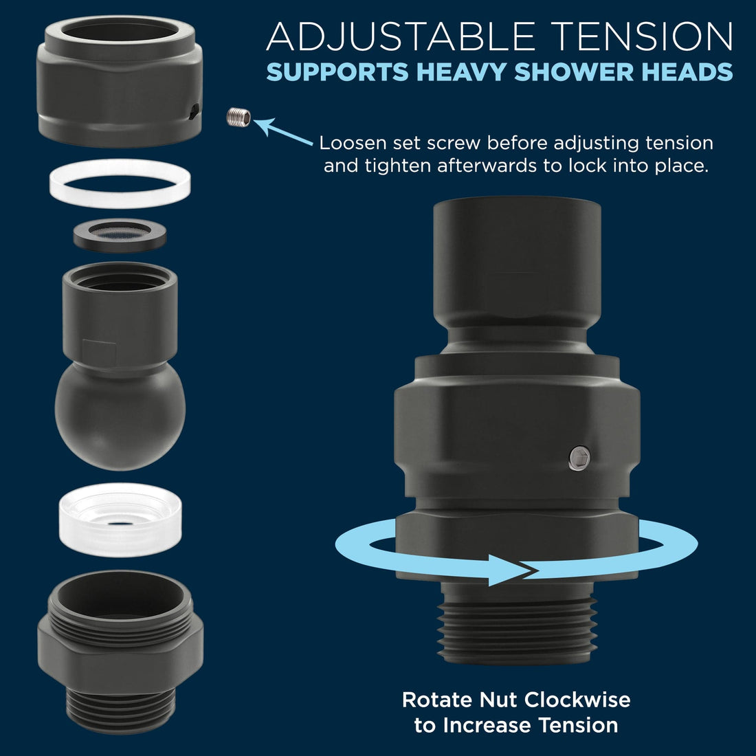 Adjustable Tensions Shower Swivel Adapter Supports Heavy Shower Heads Matte Black - The Shower Head Store