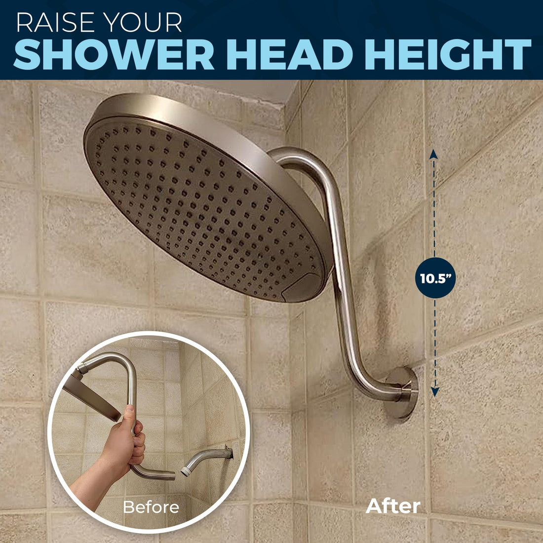 Before and After High Rise Shower Arm Raise Showerhead Height 10.5 Inches Shower Head Increase  Chrome - The Shower Head Store