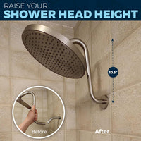 Before and After High Rise Shower Arm Raise Showerhead Height 10.5 Inches Shower Head Increase Brushed Nickel - The Shower Head Store