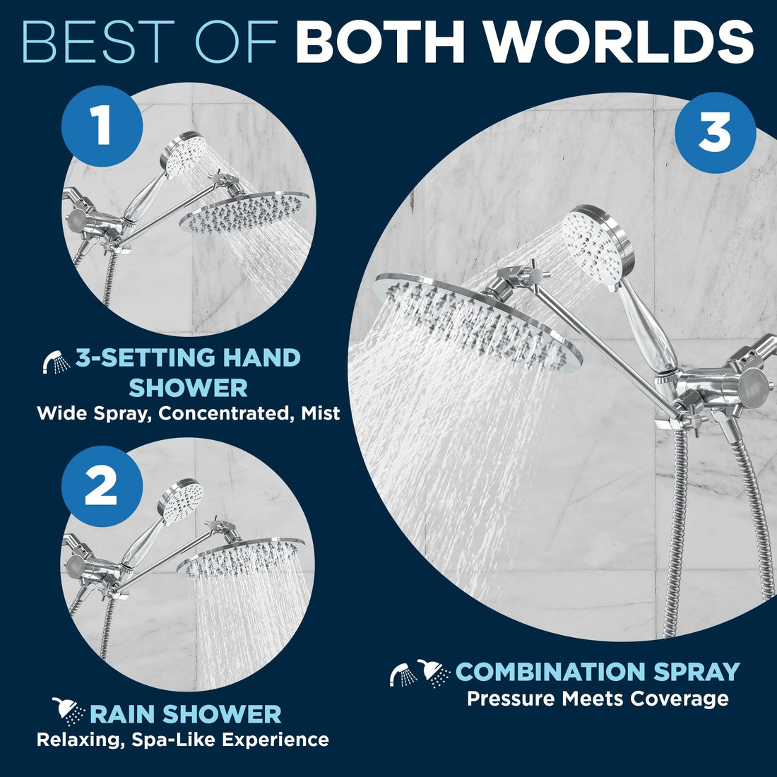 Best of Both Worlds All Metal Dual Shower Head with Adjustable Arm - Complete Shower System with Valve and Trim Chrome / 2.5 GPM - The Shower Head Store