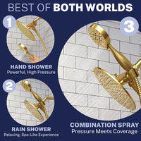 Best of Both Worlds All Metal 3-Spray Dual Shower Head Combo with Hand Held & Rain Shower - Brushed Gold - The Shower Head Store