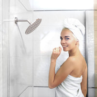 Brushed Nickel Rain Shower Head with Woman Enjoying Shower - The Shower Head Store