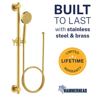 Built to Last ALL Metal Shower Slide Bar with Hand Held Shower Head & Hose Brushed Gold / 2.5 GPM Brushed Gold / 1.75 GPM - The Shower Head Store