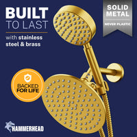 Built to Last All Metal Dual Shower Head Combo Rainfall and Handheld Shower Head Brushed Gold - The Shower Head Store