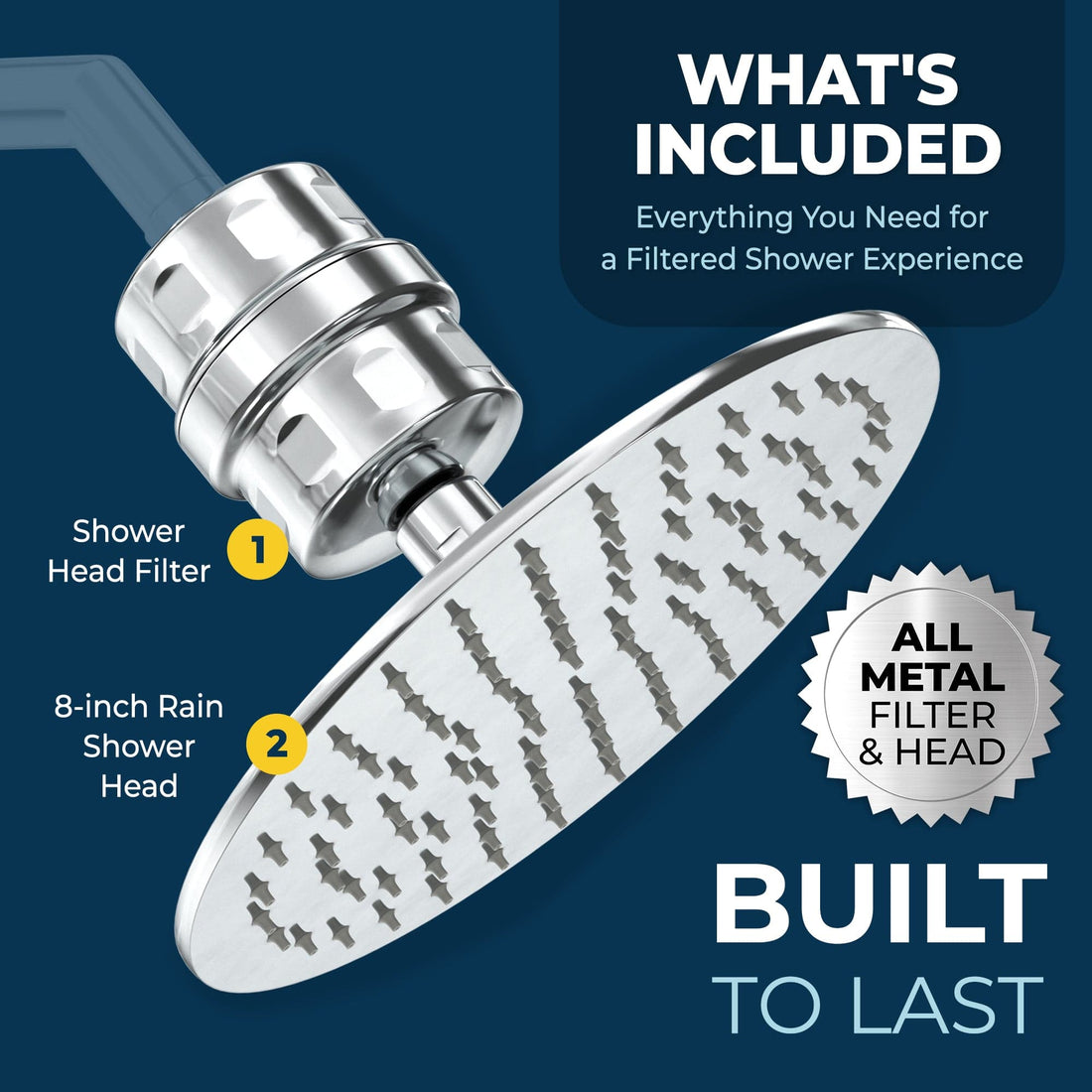 What's Included All Metal Shower Head Filter with 8 Inch Rainfall Shower Head Chrome / 2.5 - The Shower Head Store
