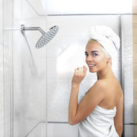 Chrome Rain Shower Head with Woman Enjoying Shower - The Shower Head Store