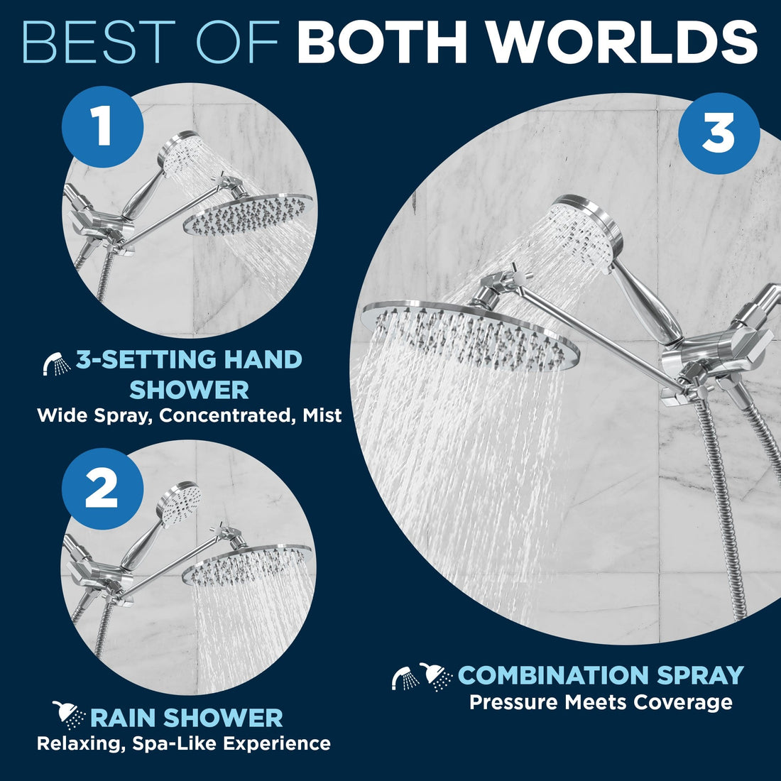 Best of Both Worlds All Metal Dual Shower Head with Adjustable Arm - Complete Shower System with Valve and Trim Chrome / 1.75 GPM - The Shower Head Store