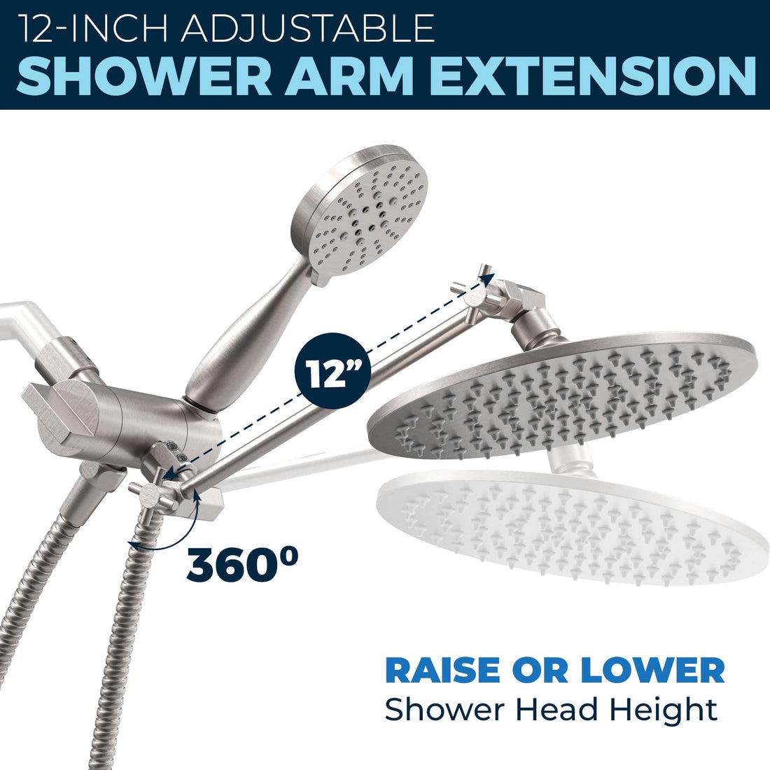 Adjustable Shower Arm Extension All Metal Dual Shower Head with Adjustable Arm - Complete Shower System with Valve and Trim Brushed Nickel / 1.75 GPM - The Shower Head Store
