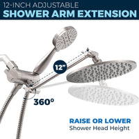 Adjustable Shower Arm Extension All Metal Dual Shower Head with Adjustable Arm - Complete Shower System with Valve and Trim Brushed Nickel / 1.75 GPM - The Shower Head Store