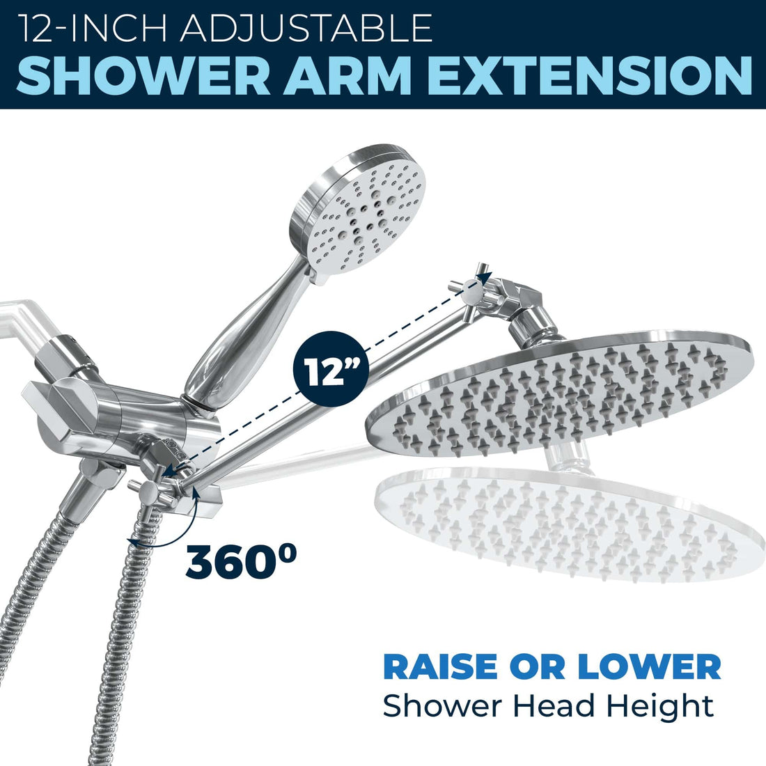 Adjustable Shower Arm Extension All Metal Dual Shower Head with Adjustable Arm - Complete Shower System with Valve and Trim Chrome / 1.75 GPM - The Shower Head Store