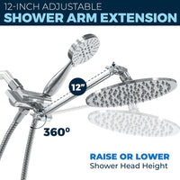 Adjustable Shower Arm Extension All Metal Dual Shower Head with Adjustable Arm - Complete Shower System with Valve and Trim Chrome / 1.75 GPM - The Shower Head Store