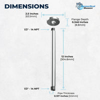 Dimensions 12 Inch Rain Shower Head and 12 Inch Ceiling Mount Shower Arm Chrome - HammerHead Showers
