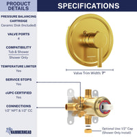 Dimensions Valve and Trim - All Metal 1-Handle Tub and Shower Valve with Trim Kit Brushed Gold - The Shower Head Store