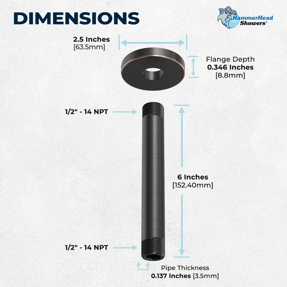 Dimensions 12 Inch Rain Shower Head and 6 Inch Ceiling Mount Shower Arm Oil Rubbed Bronze - HammerHead Showers