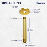 Dimensions Straight Shower Arm Brushed Gold / 6 Inch - The Shower Head Store