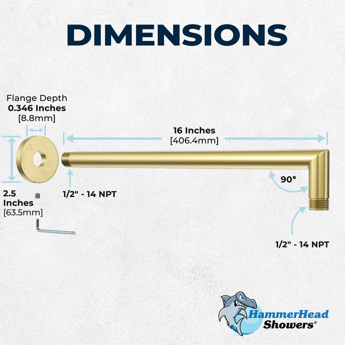 Dimensions J-Shaped Overhead Shower Arm Brushed Gold  - The Shower Head Store