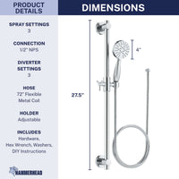 Dimensions Slide Bar with 3-Spray Hand Held Shower Head & Hose Chrome / 2.5 GPM Chrome / 1.75 GPM - The Shower Head Store