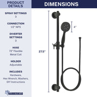 Dimensions Slide Bar with 3-Spray Hand Held Shower Head & Hose Matte Black / 2.5 GPM Matte Black / 1.75 GPM - The Shower Head Store