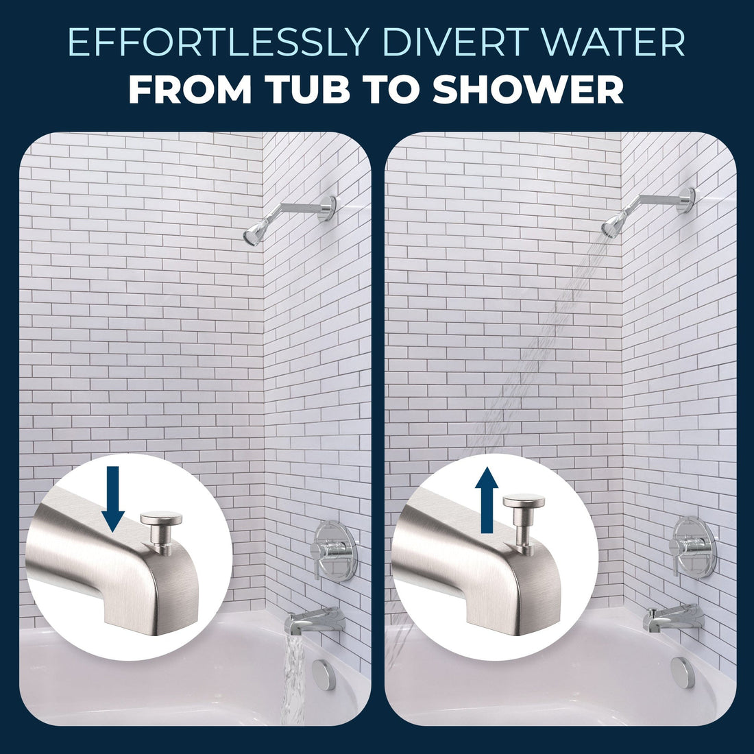 Divert Water 2 Inch High Pressure Shower Head Set with Tub Spout and Valve and Trim Brushed Nickel / 2.5 GPM Brushed Nickel / 1.75 GPM - The Shower Head Store