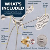 What's Included All Metal Dual Shower Head with Adjustable Arm - Complete Shower System with Valve and Trim Brushed Nickel / 1.75 - The Shower Head Store