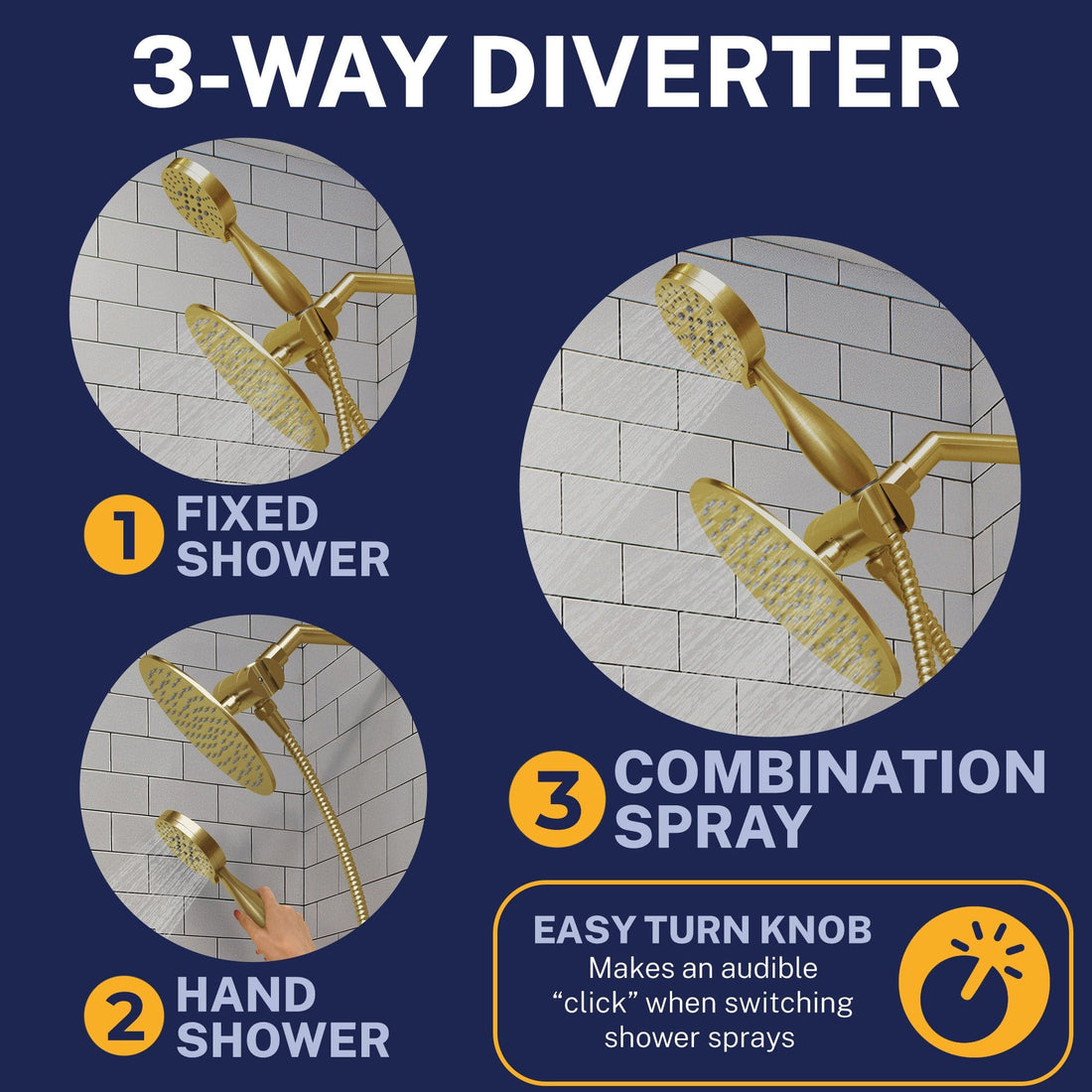 Features Solid Brass 3-Way Diverter With Handheld Shower Holder Brushed Gold - The Shower Head Store