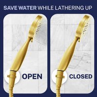 Save Water Trickle Valve Installed to Handheld Shower Head Brushed Gold - The Shower Head Store