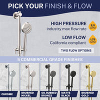 Flow Rate and Finishes ALL Metal Shower Slide Bar with Hand Held Shower Head & Hose Brushed Nickel / 2.5 GPM Brushed Nickel / 1.75 GPM - The Shower Head Store