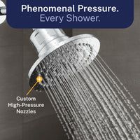 Filtered Shower head with water flowing, labeled 'Custom High-Pressure Nozzles' and 'Phenomenal Pressure. Every Shower.'
