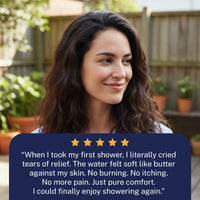Woman with a five-star rating text overlay about filtered shower experience