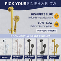 Finish and Flow Slide Bar with 3-Spray Hand Held Shower Head & Hose Brushed Gold / 2.5 GPM Brushed Gold / 1.75 GPM - The Shower Head Store