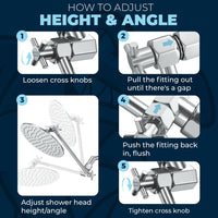 How to Adjust Height and Angle 12 Inch Adjustable Shower Arm with 8 Inch Rain Shower Head Chrome / 12 Inch / 2.5 GPM 1.75 GPM - The Shower Head Store