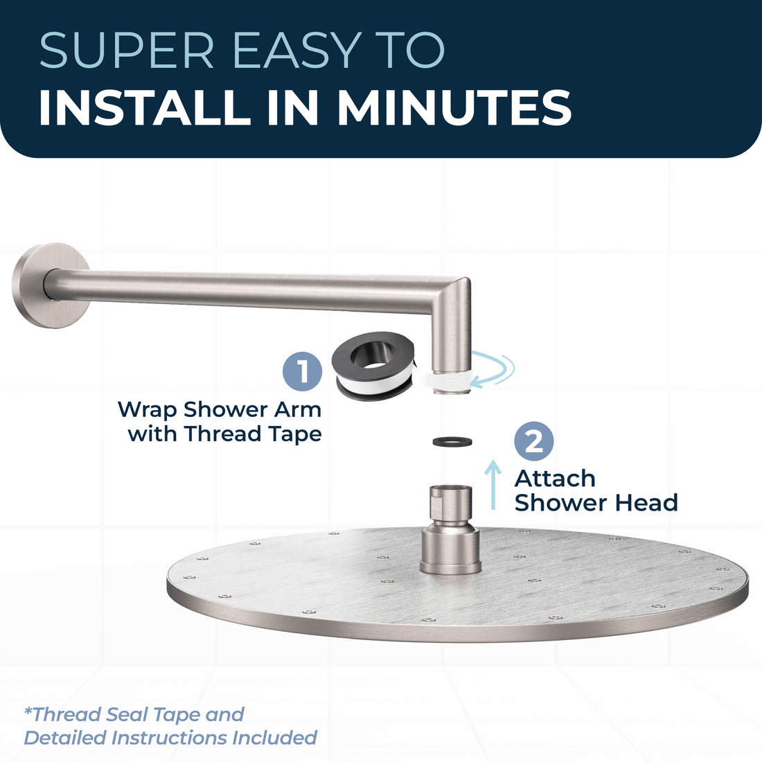 Installs in Minutes 12 Inch Rain Shower Head with Arm Brushed Nickel / 2.5 - The Shower Head Store