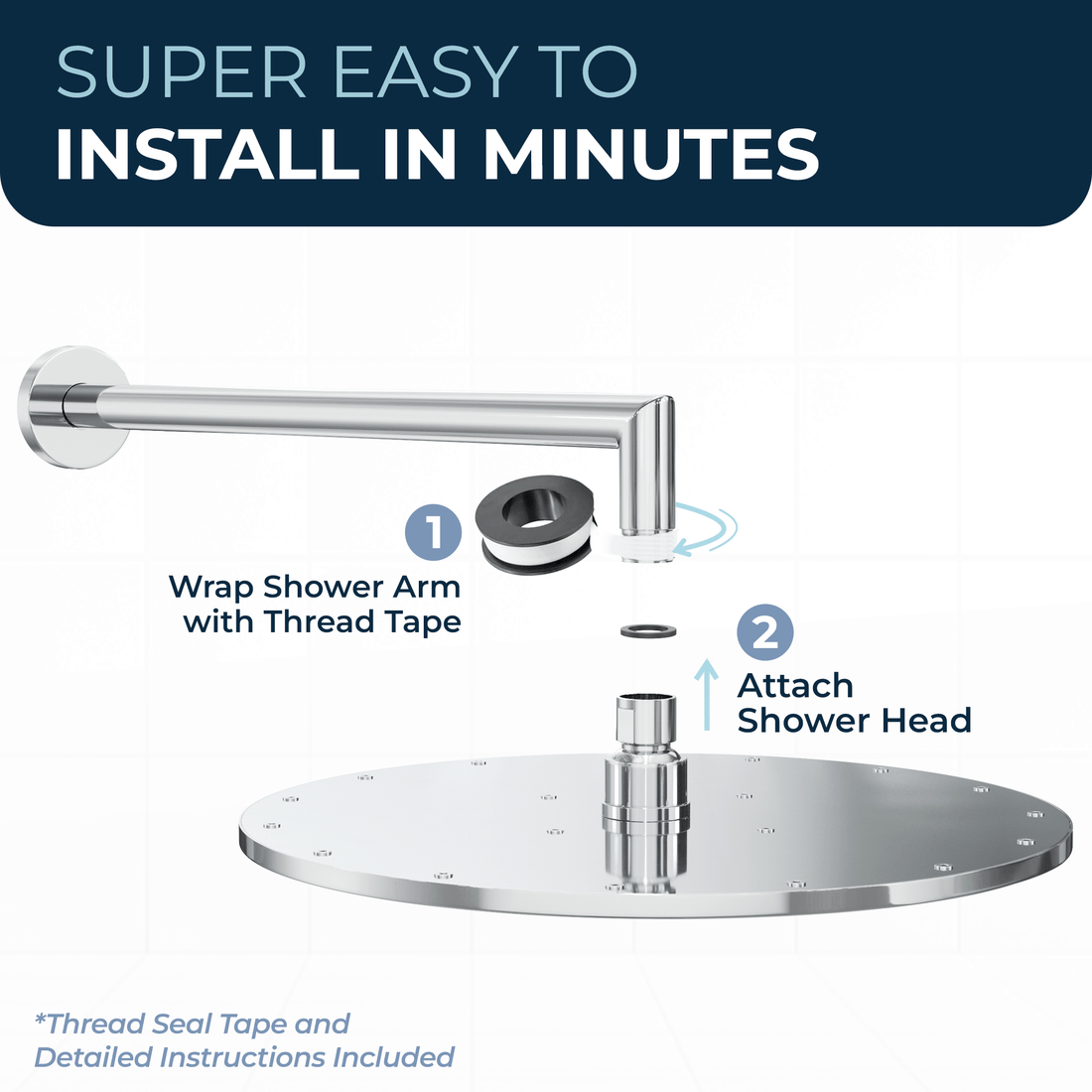 Installs in Minutes 12 Inch Rain Shower Head with Arm Chrome / 2.5 - The Shower Head Store