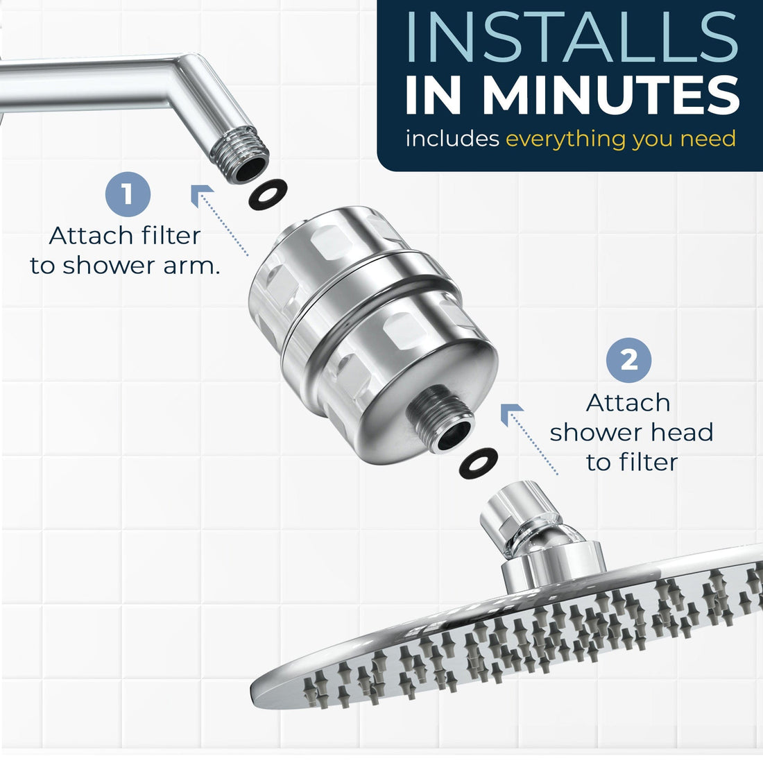 Installation All Metal Shower Head Filter with 8 Inch Rainfall Shower Head Chrome / 2.5 - The Shower Head Store