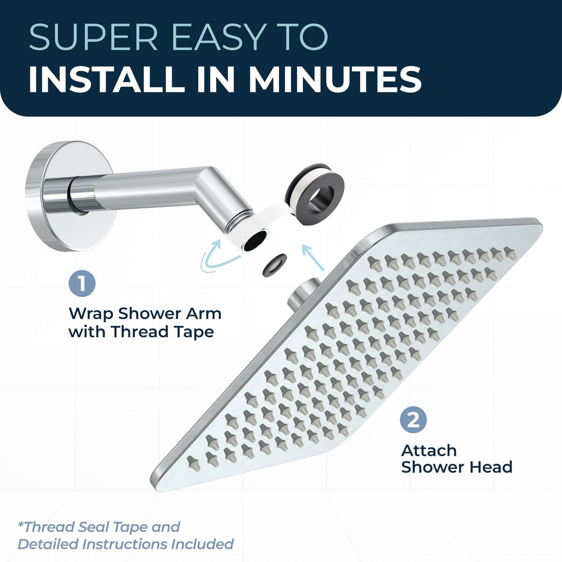 Installation Square Rain Shower Head Chrome / 2.5 - The Shower Head Store