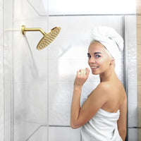 Lifestyle of Woman in Shower HammerHead Showers 8 Inch Rain Shower Head Brushed Gold - The Shower Head Store