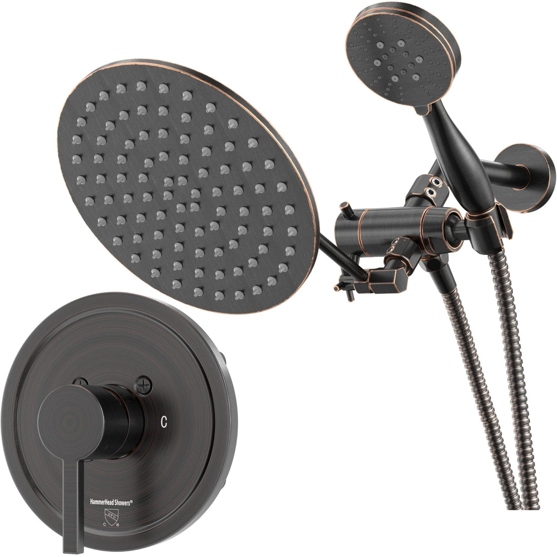 Main Image All Metal Dual Shower Head with Adjustable Arm - Complete Shower System with Valve and Trim Oil Rubbed Bronze / 2.5 GPM - The Shower Head Store