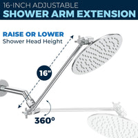 (Raise or Lower Height) Adjust Shower Head Height 16 Inch Adjustable Shower Arm with 8 Inch Rain Shower Head Chrome / 16 Inch / 2.5 GPM - The Shower Head Store