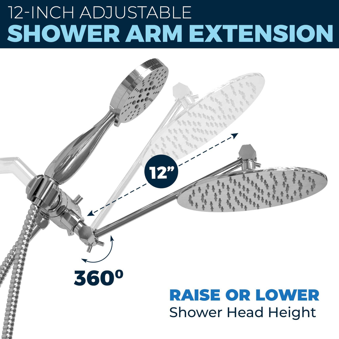 Adjustable Shower Arm Extension All Metal Dual Shower Head with Adjustable Arm - Complete Shower System with Valve and Trim Chrome / 2.5 GPM - The Shower Head Store