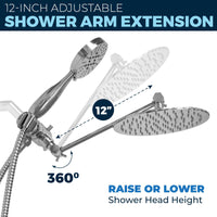 Adjustable Shower Arm Extension All Metal Dual Shower Head with Adjustable Arm - Complete Shower System with Valve and Trim Chrome / 1.75 - The Shower Head Store