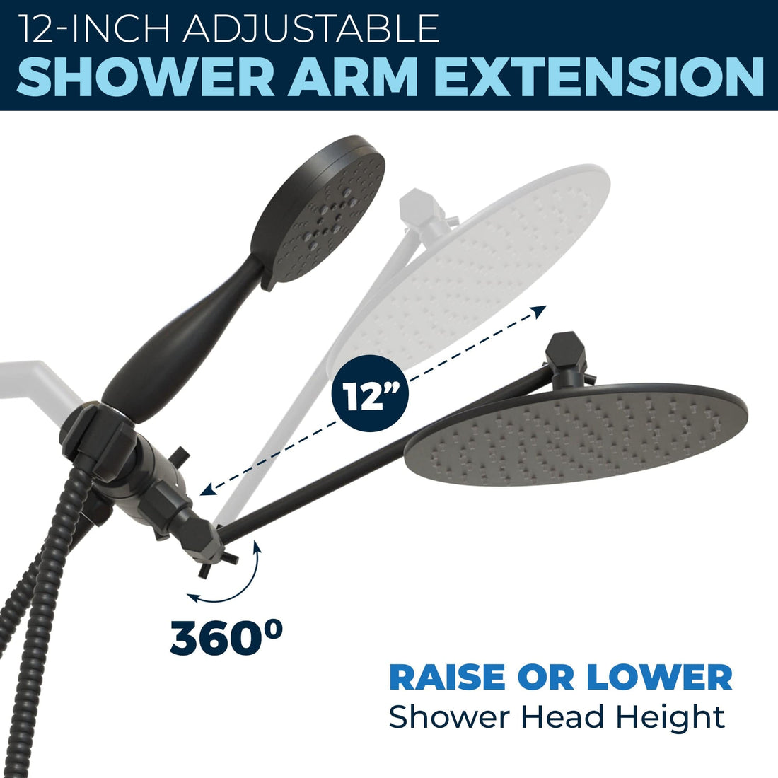 Adjustable Shower Arm Extension All Metal Dual Shower Head with Adjustable Arm - Complete Shower System with Valve and Trim Matte Black / 2.5 GPM - The Shower Head Store