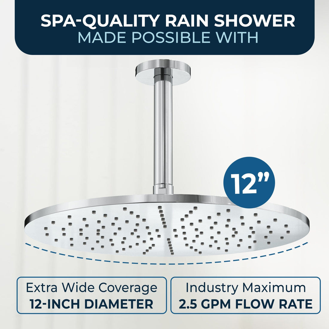 Spa Quality 12 Inch Rain Shower Head and 6 Inch Ceiling Mount Shower Arm Chrome - HammerHead Showers