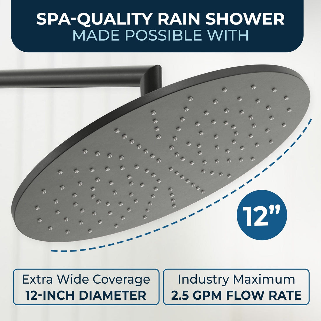 Dimensions 12 Inch Rain Shower Head with Arm Matte Black / 2.5 - The Shower Head Store